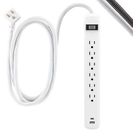 GE -Branded 82594 - 6 Output Power Supply with USB, Socket Extension, 1 USB-A, 1 USB-C, 1 m, White