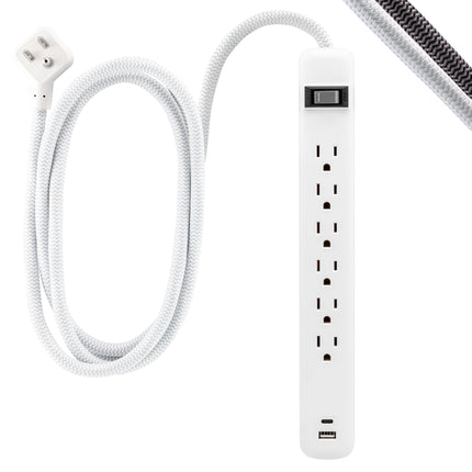 GE -Branded 82594 - 6 Output Power Supply with USB, Socket Extension, 1 USB-A, 1 USB-C, 1 m, White