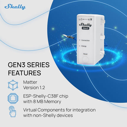 Shelly 3EM-63T Gen3, Wi-Fi Three Phase or Single Phase Installations Energy Meter, 4-Quadrant Measurement, Flat Terminals, No Load Threshold, Photovoltaic Ready, No Hub Required, Accuracy Class B