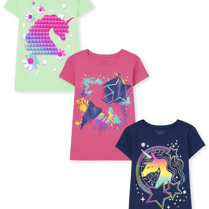 Lot de t-shirts à manches courtes The Children's Place pour fille, motif licorne, licornes/étoiles/fleurs, très petit