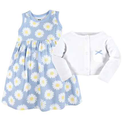 Hudson Baby Baby Girls' Cotton Dress and Cardigan Set, Blue Daisy, 3T