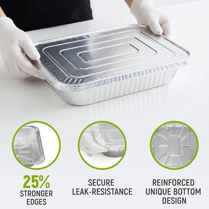 Paclord Aluminum Pans with Lids - 9" x 13" Half Size Foil Pans with Lids, Pack of 50 Pans and 50 Lids, USA-Made Disposable Aluminum Trays for Chafing Racks - Great for Cooking, Heating, Food Storing