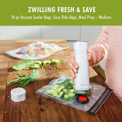 ZWILLING Fresh & Save Set - 10pc Vacuum Sealer Bags, 1 Gallon, Reusable Sous Vide & Food Storage Bags, Dishwasher Safe, Medium, Clear
