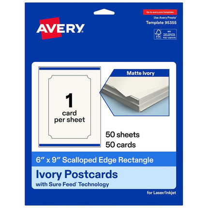 Avery Printable Rectangle Cards with Scalloped Edges, Sure Feed Technology, 6" x 9", Matte Ivory Cardstock, Print-to-the-Edge, Laser/Inkjet, 50 Total, Great for Postcards and Thank You Cards