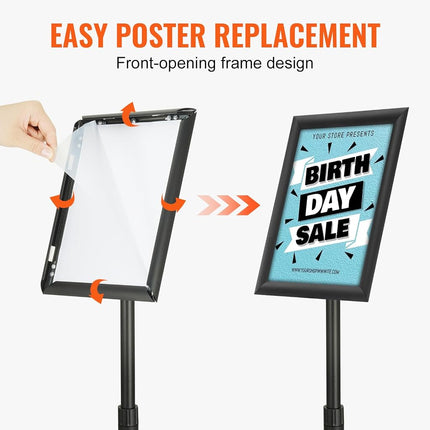 VEVOR Pedestal Sign Holder, 8.5 x 11 Inch Vertical and Horizontal Adjustable Poster Stand, Heavy-Duty Floor Standing Sign Holder with Round Base for Display, Advertisement, and Outdoor, Black