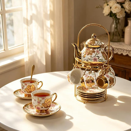 Tea Sets Gold Plated Red Rose Ceramic Tea Set, Vintage Teapot Tea Sets Beautiful Tea Set Coffee Serving 6 People (Pink, Medium)