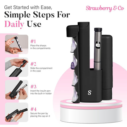 STRAWBERRY & CO DailyEase Insulin Travel Case with Built-in Sharps Dispenser – TSA-Approved Diabetic Supply Organizer for Ozempic, Insulin Pens, and Needle Storage, Black, Small, Classic