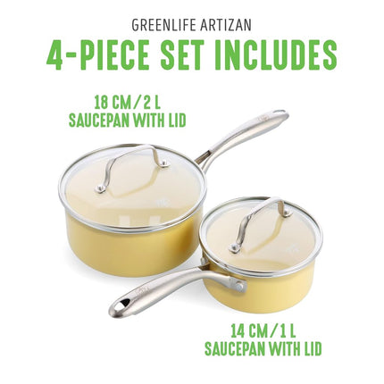 GreenLife Artizan Healthy Ceramic Non-Stick 14cm/1l and 18 cm/2l Saucepan Pot Set with Lids, Stainless Steel Handle, Induction, PFAS-Free, Oven Safe, Yellow