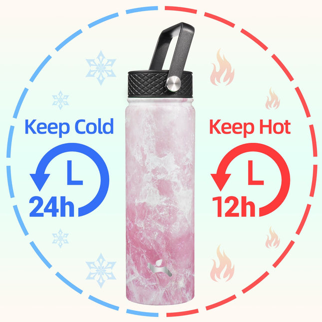 Konokyo Insulated Water Bottle with Straw,22oz 3 Lids Metal Bottles Stainless Steel Water Flask,Marble Blossom