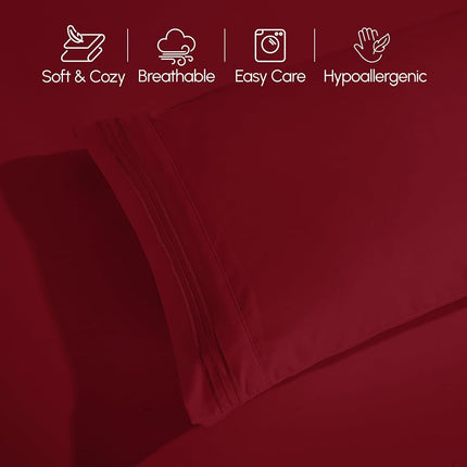 Elegant Comfort Luxurious 1500 Premium Hotel Quality Microfiber Three Line Embroidered Softest 4-Piece Bed Sheet Set, Wrinkle and Fade Resistant, Queen, Burgundy