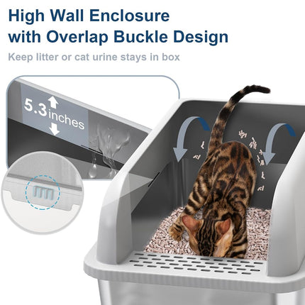 Stainless Steel Closed Litter Tray with Lid, XL Pine Pellet Sieve, Metal Litter System with High Sides for Big Cats, Leak-Proof, Easy Cleaning, Less Tracking