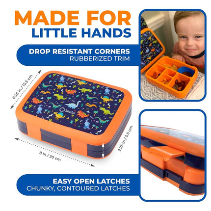 kinsho Bento Lunch Box with Insulated Bag, Water Bottle&Ice Pack Set for Kids Toddlers,5 Portion Sections, BPAFree Removable Tray, Preschool Kid Toddler Daycare Lunches, Snack Container,Blue Dinosaur