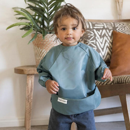 Tiny Twinkle Mess Proof Baby Bib, 2 Pack Full Sleeve Bib Outfit, Waterproof Bibs for Toddlers, Machine Washable, Tug Proof Closure, Baby Smock for Eating, Long Sleeve (Slate Olive, Small 6-24 Months)