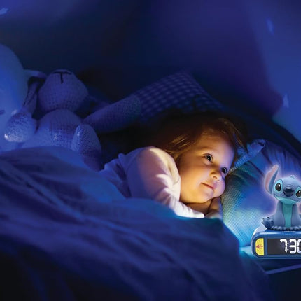 LEXIBOOK, Disney Stitch Night Light Alarm Clock, Sounds and Melodies, LCD Backlit Display, Luminous, Snooze, Blue, RL800D