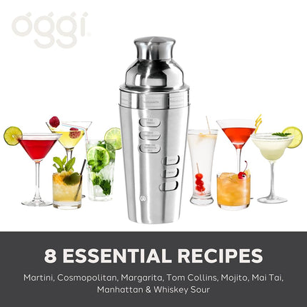OGGI Dial A Drink Cocktail Shaker-23oz Stainless Steel Shaker, 8 Recipes, Stainless Steel Lid has Built in Strainer, Ideal Cocktail Mixer, Martini Shaker, Margarita Shaker & More, Stainless