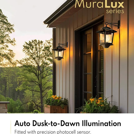 2 Pack Solar Wall Lanterns with Replaceable Bulb, Outdoor Hanging Solar Lights with 4 Solar Panels, Dusk to Dawn Led Outdoor Wall Sconce, Anti-Rust Waterproof Wall Lanterns with Hooks