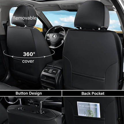 Coverado Car Seat Covers Full Set, 5 Piece Car Seat Protector with Lumbar Support & Removable Headrest, Breathable Leather Front Rear Seat Cushion Universal Fit for Truck Automotive Black