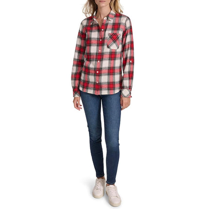 Nautica Womens Button Front Long Sleeve Roll Tab Shirt, White Swan/Haute Red, M