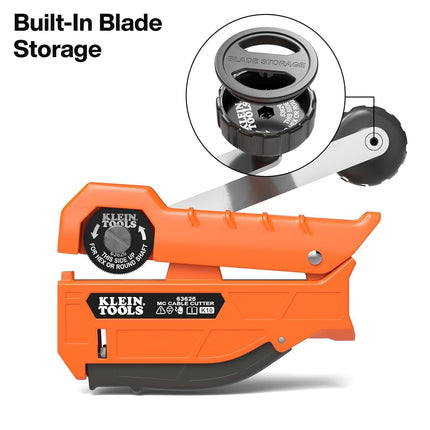Klein Tools 63625 MC Cable Cutter, Cuts Up to 3/8-Inch Armored Cable (BX, AC, MC, MCAP, Greenfield), Spring Loaded Handle with Storage, Tool-Free Blade Replacement