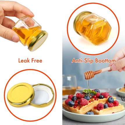 AuroTrends 1.5oz Mini Honey Jars with Dipper 30Pack, Glass Jars for Baby Shower Favors/Wedding Favors for Guests Bulk-Mini Canning Jars with Wooden Dippers/Bee Charms (1.5 fl.oz-30Pack)