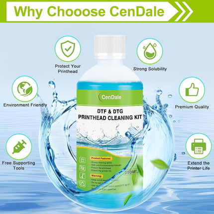 CenDale DTF Cleaning Kit - 250ML DTF Printer Cleaning Solution, Universal Print Head Cleaner Kit for Any DTF & DTG Printers, Print Head DTF Cleaning Solution for Epson ET8550 L1800 XP600 Ink Printer