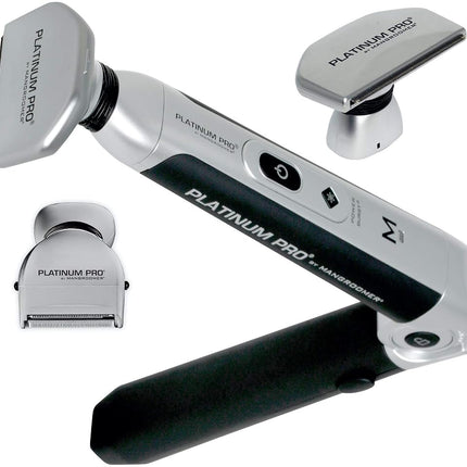 MANGROOMER - PLATINUM PRO Nueva afeitadora de espalda con 3 cabezales flexibles con amortiguación, bisagra de potencia, mango de alcance extremo y estuche de regalo. (Generación 8.0), juego de 4 piezas
