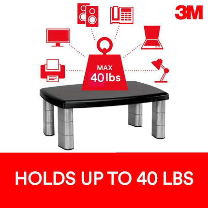 3M Office Adjustable Monitor Stand, 50.8 x 30.48 x 14.9 cm - Black/Silver