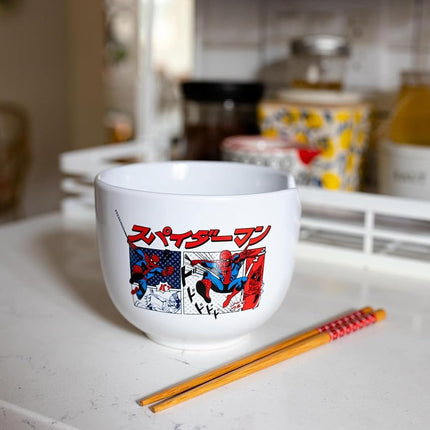 Silver Buffalo Marvel Spider-Man Japanese Manga Comic Panels Ceramic Ramen Noodle Rice Bowl with Chopsticks, Microwave Safe, 20 Ounces