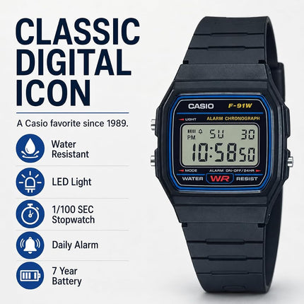 Casio Men's F91W-1 Classic Black Digital Resin Strap Watch