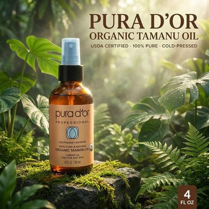 PURA D'OR 4 Oz Organic Tamanu Oil - USDA Certified 100% Pure & Natural Cold Pressed Carrier Oil, Premium Grade Moisturizer Helps Reduce Appearance of Scars & Wrinkles - For Skin & Hair - Men & Women