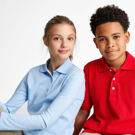 French Toast Girls Size' Uniform Long Sleeve Polo with Picot Collar (Standard & Plus), Light Blue, 14/16 Plus