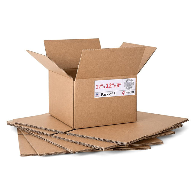 Paclord 6 Pack Medium Cardboard Boxes 12" L x 12" W x 8" H - Made in USA Packaging Boxes for Moving, Shipping or Storage - Approved by