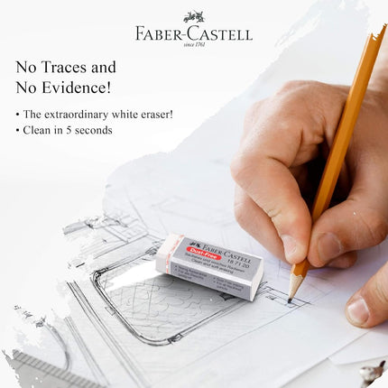 Goma de borrar blanca Faber-Castell sin polvo (caja de 20 unidades) - Borrado suave, borde cómodo, sin látex, ideal para borrar minas de grafito en la escuela, oficina y hogar