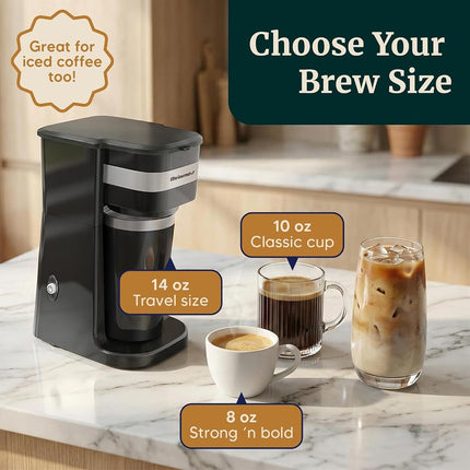Elite Gourmet EHC113 Personal Single-Serve Compact Coffee Maker Brewer Includes 14Oz. Stainless Steel Interior Thermal Travel Mug, Compatible with Coffee Grounds, ReCaable Filter, Black
