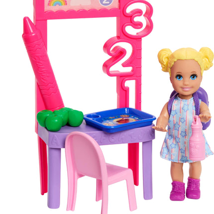 Barbie Careers Teacher Playset with Fashion Doll Wearing Removable Dress, Toddler Small Doll, Classroom Board & Accessories, JMK17