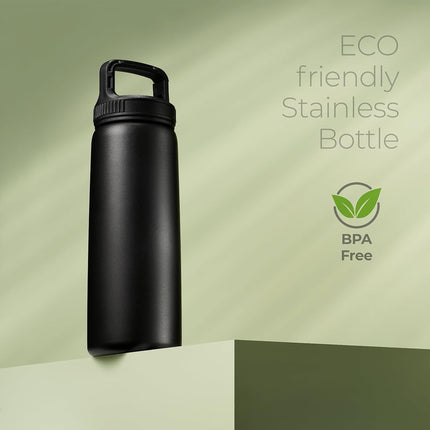 SipX™ Insulated Water Bottle with 3 Lids 25 oz (740 mL). Leakproof Stainless Steel, Triple Insulated – Cold 24 Hours/Hot 12 Hours – Durable Bottle for School, Gym, Travel – Black
