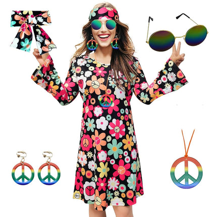 MRYUWB 70s Hippie Dress Costumes Necklace Earrings