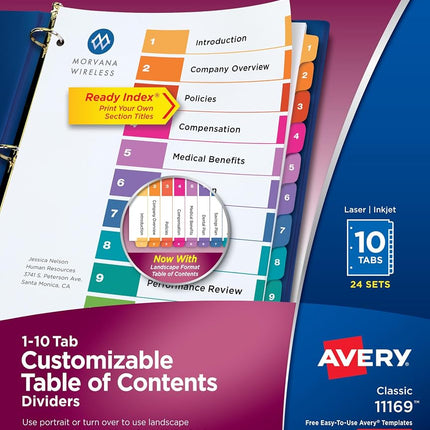 Avery 10 Tab Dividers for 3 Ring Binders, Customizable Table of Contents, Multicolor Tabs, 24 Sets (11169)