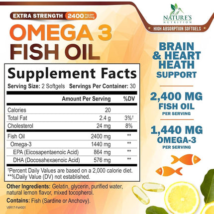 Omega 3 Fish Oil Supplements - 2400mg Fish Oil Per Serving - Triple Strength Omega-3 with EPA & DHA Fatty Acids - Natural Heart, Brain & Immune Support - Wild Caught, Bottled in USA - 60 Softgels