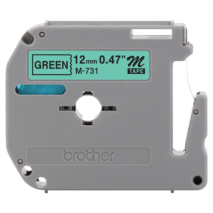 Cartouche de ruban Brother 12 mm de large, noir sur vert non laminé (M731) - Emballage de détail
