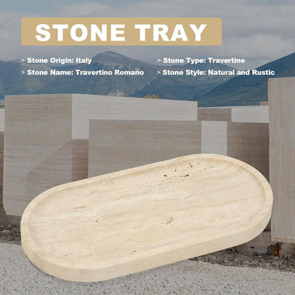 Koville Italian Natural Travertine Vanity Decorative Marble Tray, 12"x6" Light Beige Travertine Wabi Sabi Tray for Countertop Organizer, Catchall Tray for Perfume, Candles, Jewelry