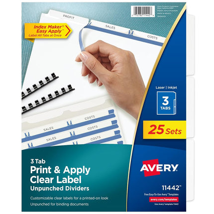Avery 3-Tab Unpunched Binder Dividers, Easy Print & Apply Clear Label Strip, Index Maker, White Tabs, 25 Sets (11442)