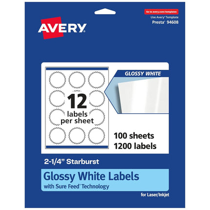 Avery Glossy White Starburst Labels with Sure Feed, 2.25", 1,200 Glossy White Labels, Print-to-The-Edge, Permanent Label Adhesive, Laser/Inkjet Printable Labels