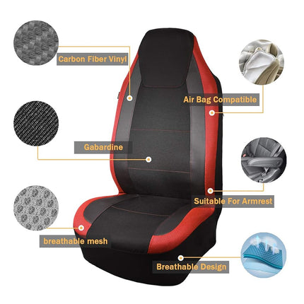Flying Banner car seat Covers Quality Carbon Fiber Air Mesh Fabric Sport Low High Back Bucket Back Pocket Arm Rest (2 Fronts - High Bucket, Red)