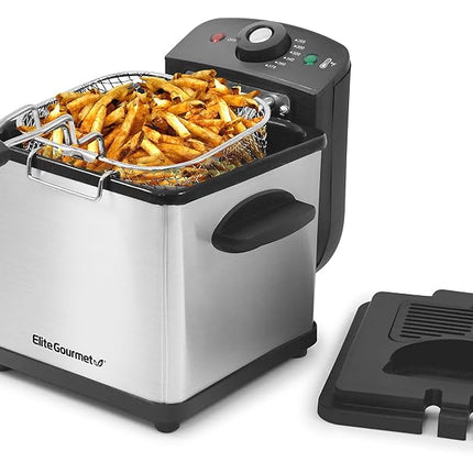 Freidora eléctrica de inmersión Elite Gourmet EDF1607# de 800 vatios con cesta de malla, capacidad de aceite de 1,6 cuartos / 6,5 tazas, perilla de temperatura y tapa con ventana, acero inoxidable