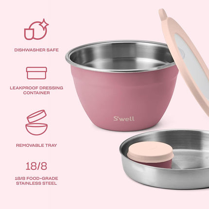 S'well Stainless Steel Salad Bowl Kit 64oz, Dusty Pink, Comes with 2oz Mini Canister and Removable Tray for Organization, Leakproof, Easy to Clean, Dishwasher Safe