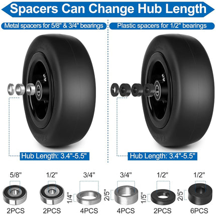 phepetroll 11x4.00-5 Flat Free Lawn Mower Tires and Wheels 3/4" 5/8" 1/2" Ball Bearings, 3.25"-5.5" Centered Hub 11x4-5 Zero Turn Mower Front Tires, Smooth Wheels for Commercial Grade Lawn