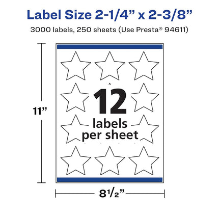 Avery Matte White Star Labels, Sure Feed Technology, 2-1/4" x 2-3/8", 3,000 Matte White Printable Labels