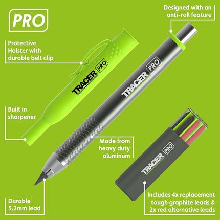 Tracer Pro Series Tough Metal Construction Pencil with 6 x Replacement Lead Pack and Site Holsters. All-in-one Aluminium Construction Marking Kit