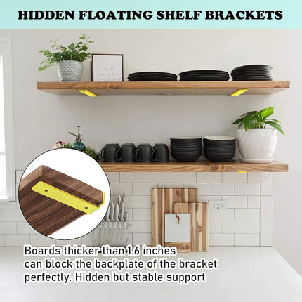 Floating Shelf Brackets Heavy Duty - 1/5 Inch Thick Industrial Gold Metal L Brackets, Premium Solid Steel Shelf Supports for Shelves - 6 Inch Heavy Floating Shelves Hardware (6Pcs)